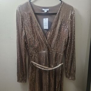 Nine West Long-Sleeve Sequin Wrap Dress in Metallic Bronze